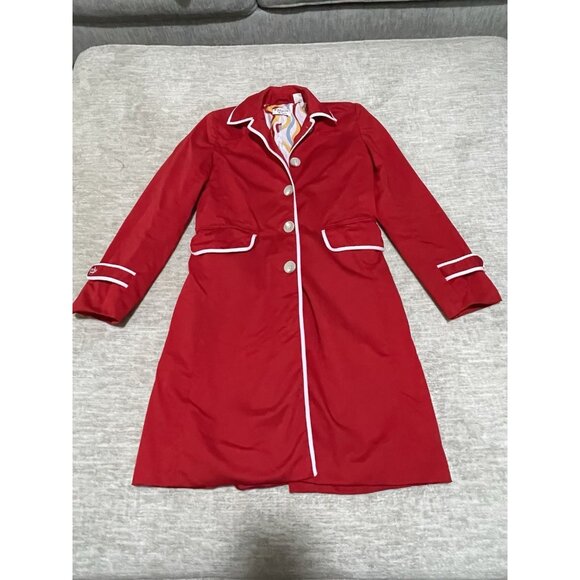 Original Penguin Red Vintage Trench Coat Red Piping Buttons Pockets XS - Picture 1 of 10